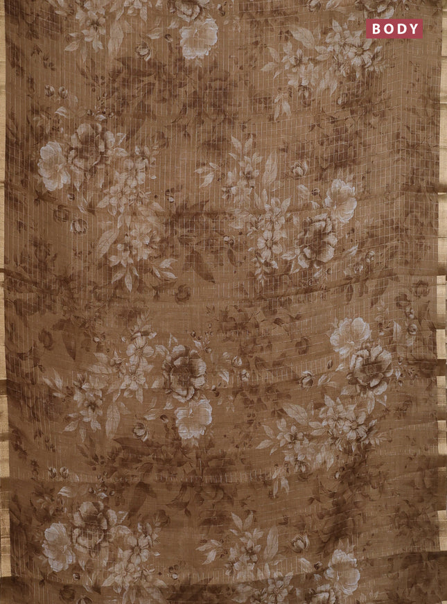 Linen cotton saree sandal with allover floral prints & zari checks and zari woven border