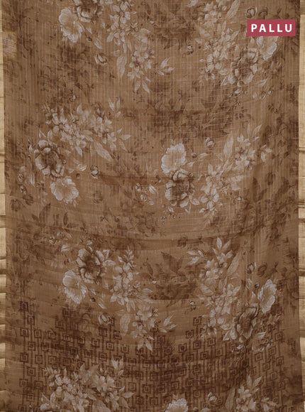 Linen cotton saree sandal with allover floral prints & zari checks and zari woven border