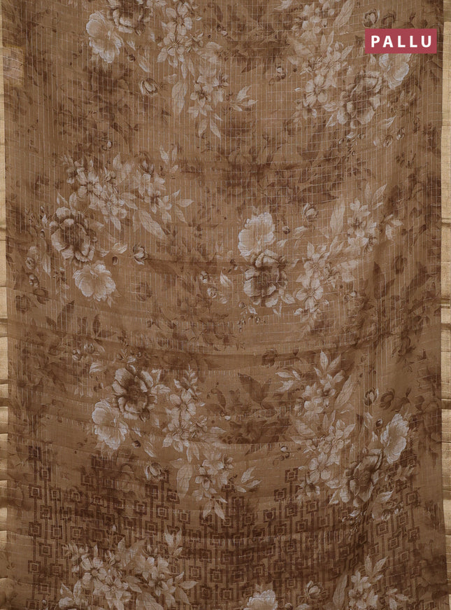 Linen cotton saree sandal with allover floral prints & zari checks and zari woven border