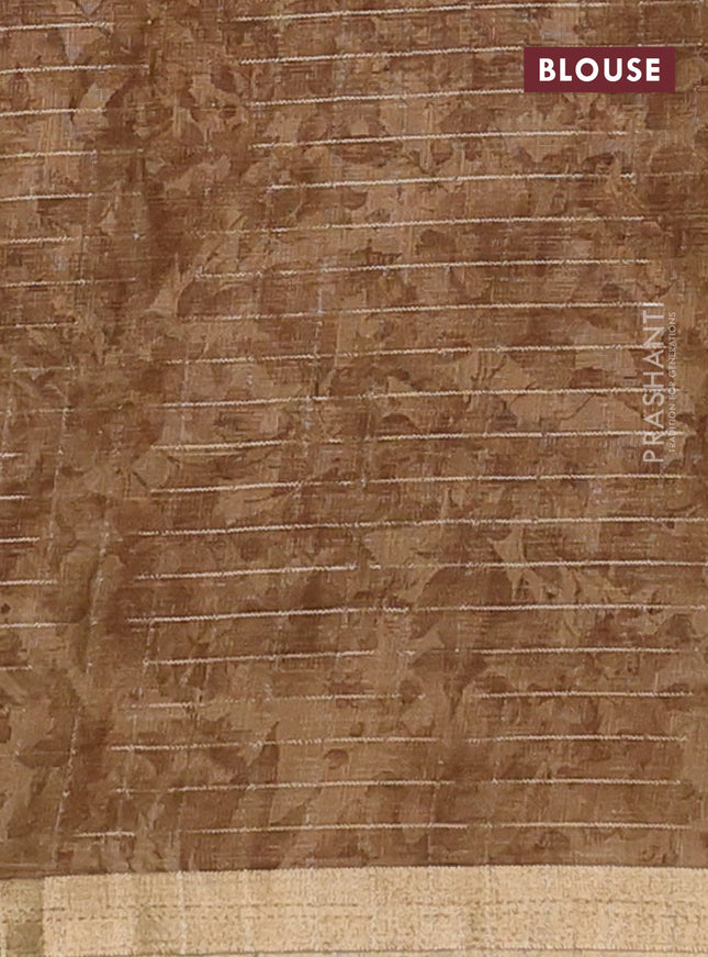 Linen cotton saree sandal with allover floral prints & zari checks and zari woven border