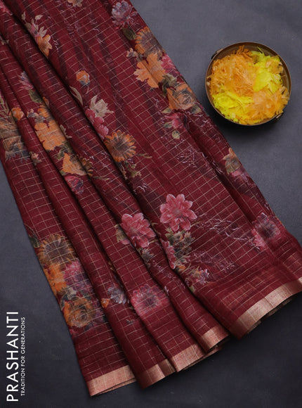 Linen cotton saree maroon with allover floral prints & zari checks and zari woven border