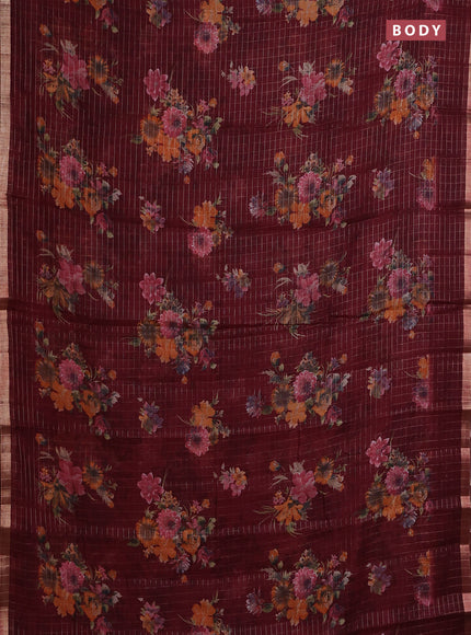 Linen cotton saree maroon with allover floral prints & zari checks and zari woven border