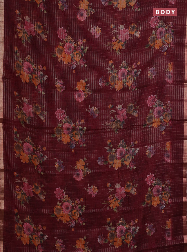 Linen cotton saree maroon with allover floral prints & zari checks and zari woven border