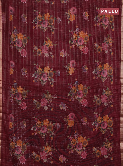 Linen cotton saree maroon with allover floral prints & zari checks and zari woven border