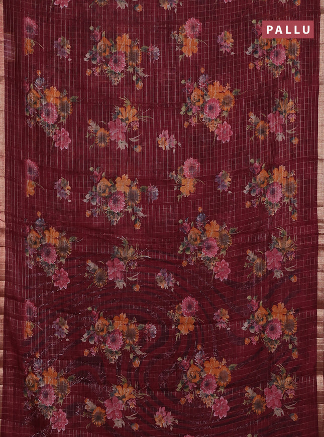 Linen cotton saree maroon with allover floral prints & zari checks and zari woven border