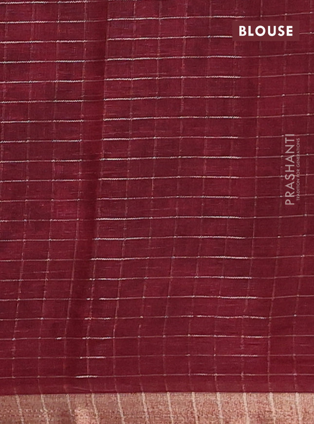 Linen cotton saree maroon with allover floral prints & zari checks and zari woven border