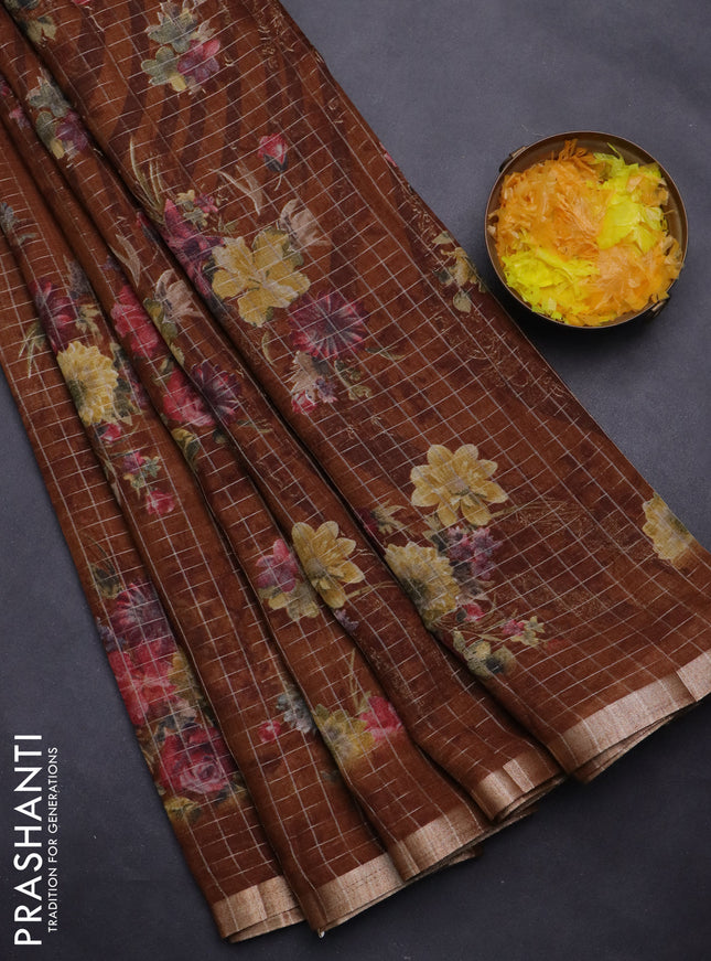 Linen cotton saree brown shade with allover floral prints & zari checks and zari woven border