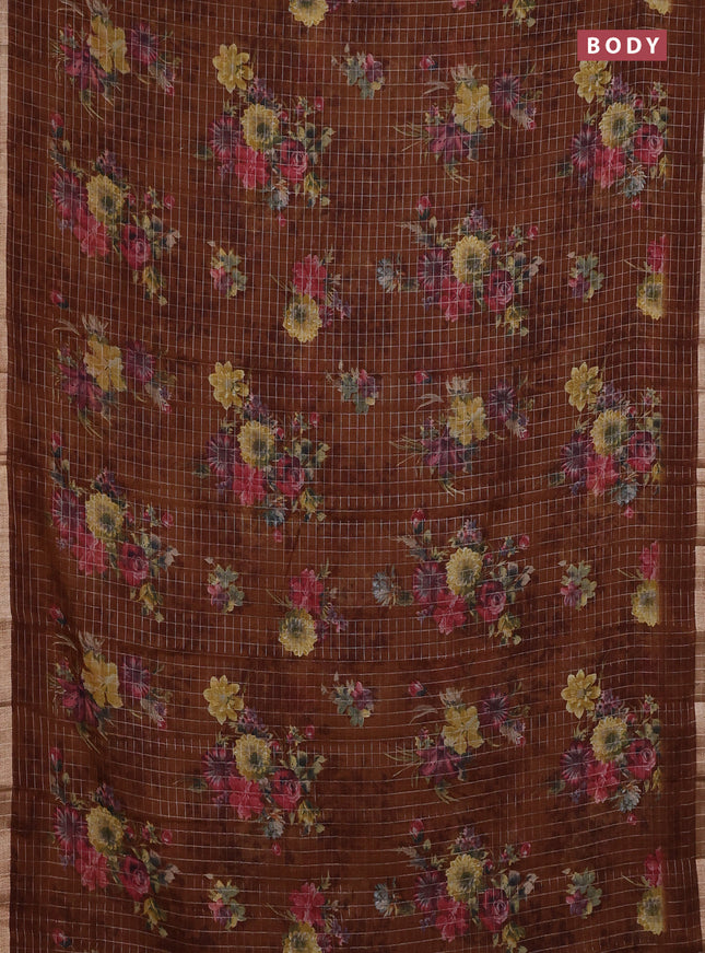 Linen cotton saree brown shade with allover floral prints & zari checks and zari woven border
