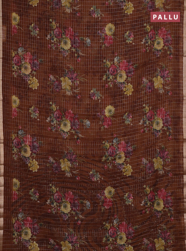 Linen cotton saree brown shade with allover floral prints & zari checks and zari woven border