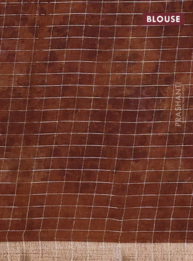 Linen cotton saree brown shade with allover floral prints & zari checks and zari woven border