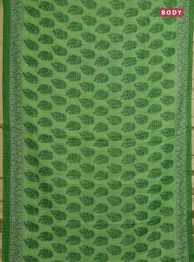 Linen cotton saree green with allover butta prints & zari checks and zari woven border