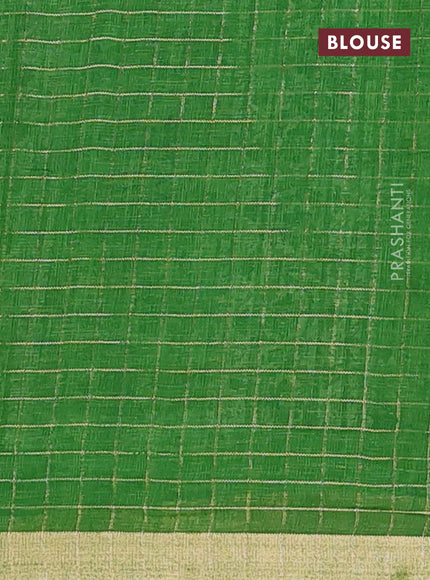 Linen cotton saree green with allover butta prints & zari checks and zari woven border