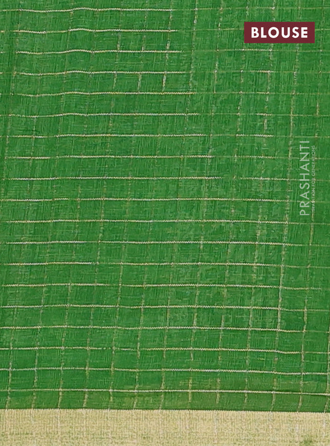 Linen cotton saree green with allover butta prints & zari checks and zari woven border