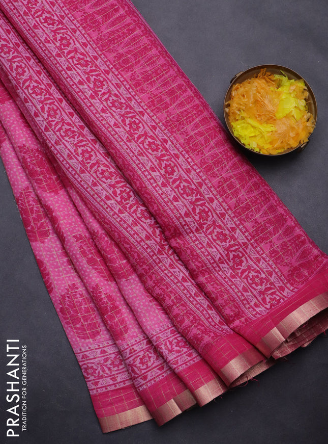 Linen cotton saree light pink with allover butta prints & zari checks and zari woven border