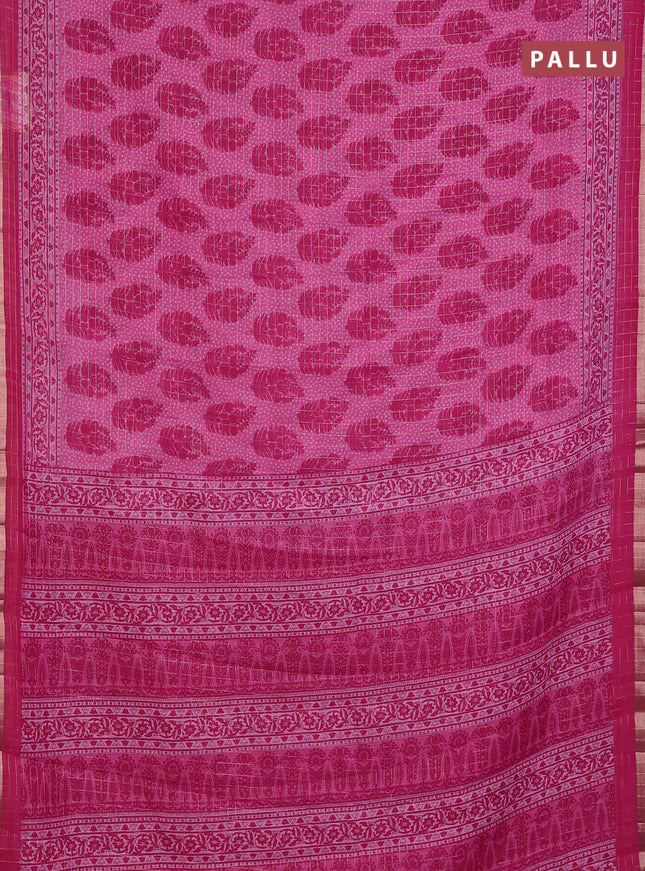 Linen cotton saree light pink with allover butta prints & zari checks and zari woven border