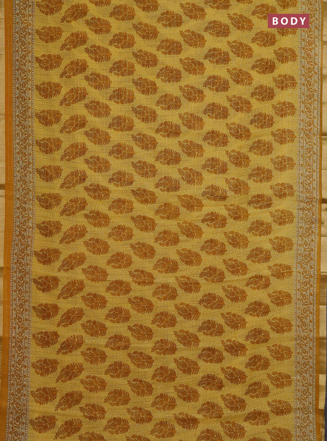 Linen cotton saree yellow with allover butta prints & zari checks and zari woven border