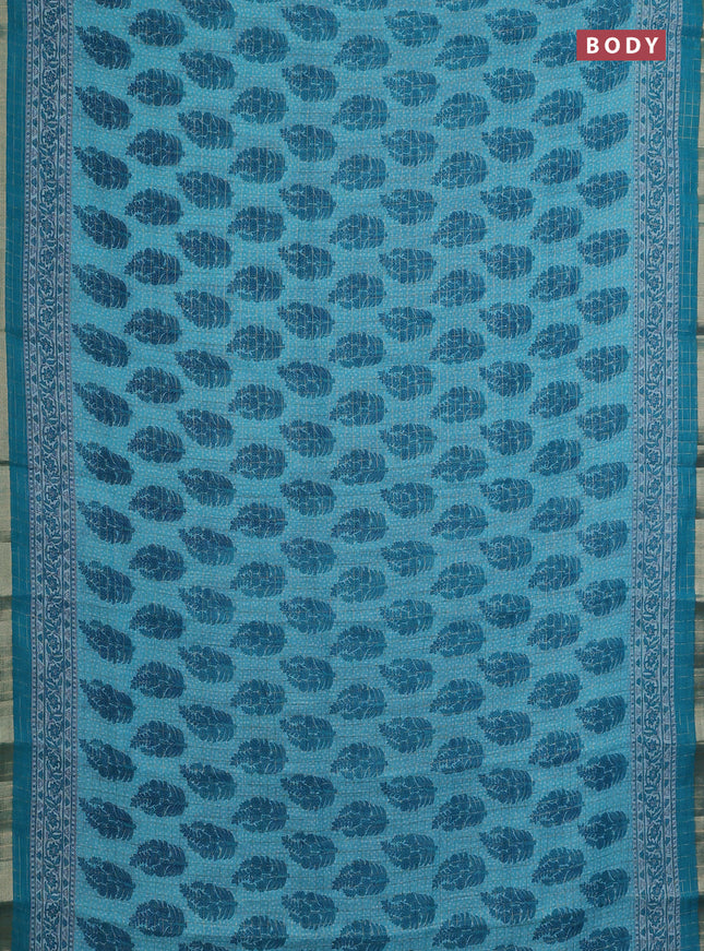 Linen cotton saree teal blue with allover butta prints & zari checks and zari woven border