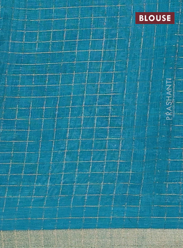 Linen cotton saree teal blue with allover butta prints & zari checks and zari woven border
