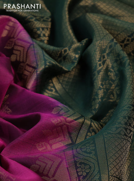 Pure soft silk saree purple and bottle green with zari woven buttas and zari woven border