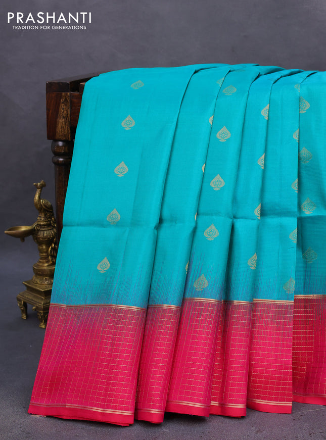 Pure soft silk saree teal green and pink with zari woven buttas and zari woven checked border