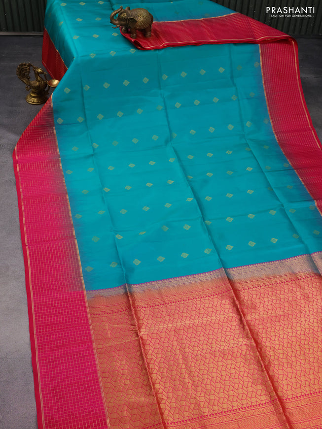 Pure soft silk saree teal green and pink with zari woven buttas and zari woven checked border