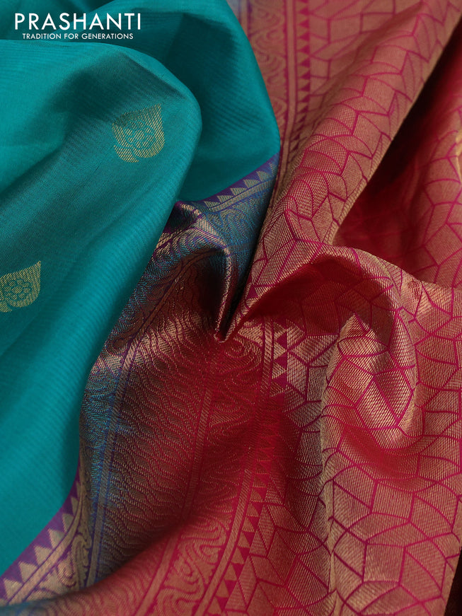 Pure soft silk saree teal green and pink with zari woven buttas and zari woven checked border