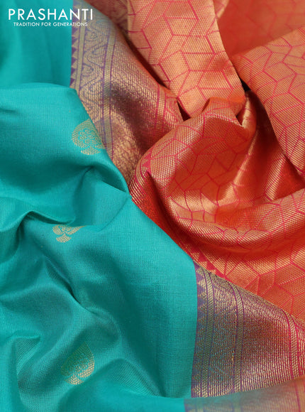 Pure soft silk saree teal blue shade and dual shade of pinkish orange with zari woven buttas and zari woven checked border