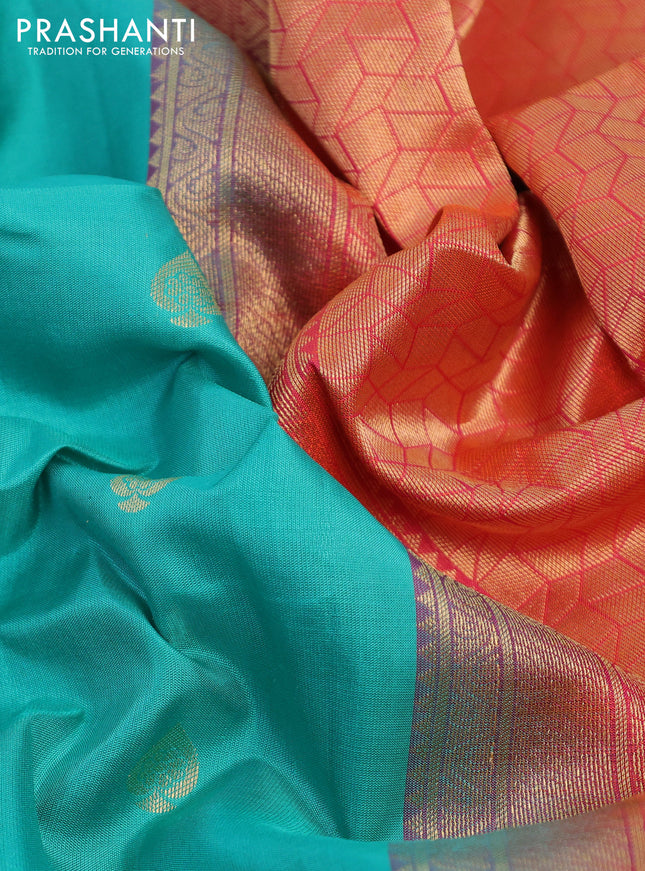 Pure soft silk saree teal blue shade and dual shade of pinkish orange with zari woven buttas and zari woven checked border
