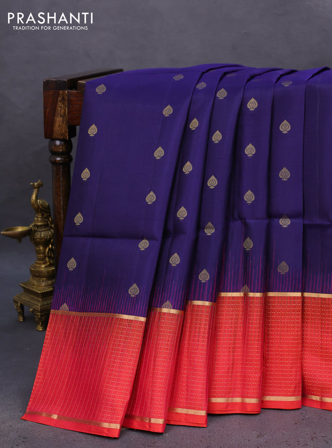 Pure soft silk saree dark blue and pinkish orange with zari woven buttas and zari woven checked border