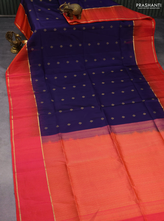 Pure soft silk saree dark blue and pinkish orange with zari woven buttas and zari woven checked border
