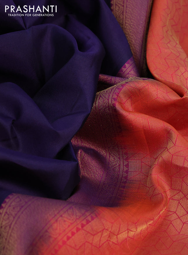 Pure soft silk saree dark blue and pinkish orange with zari woven buttas and zari woven checked border
