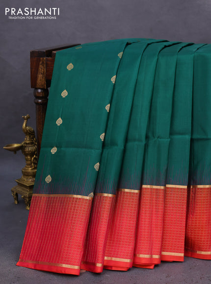 Pure soft silk saree dark green and pinkish orange with zari woven buttas and zari woven checked border