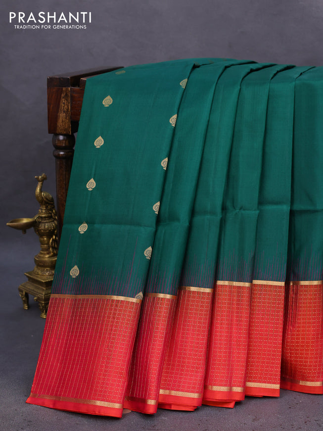 Pure soft silk saree dark green and pinkish orange with zari woven buttas and zari woven checked border