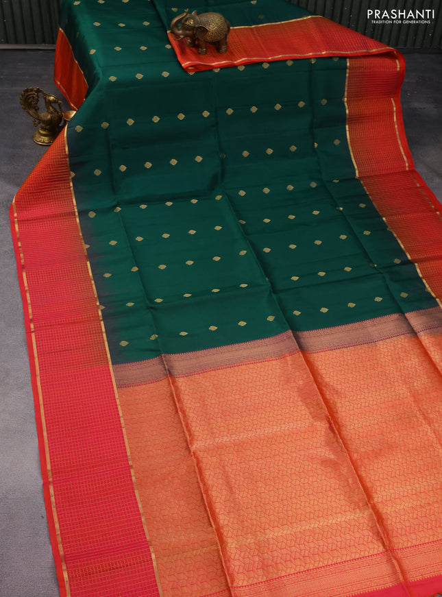 Pure soft silk saree dark green and pinkish orange with zari woven buttas and zari woven checked border