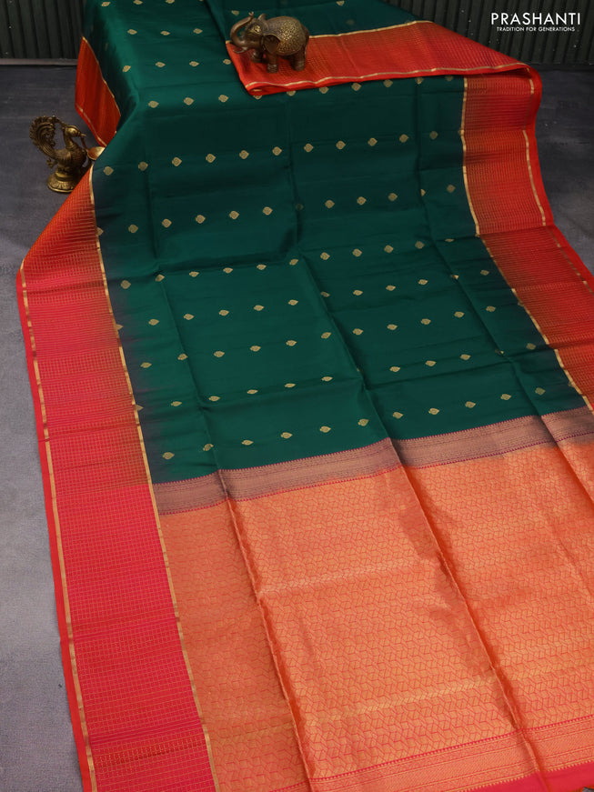 Pure soft silk saree dark green and pinkish orange with zari woven buttas and zari woven checked border