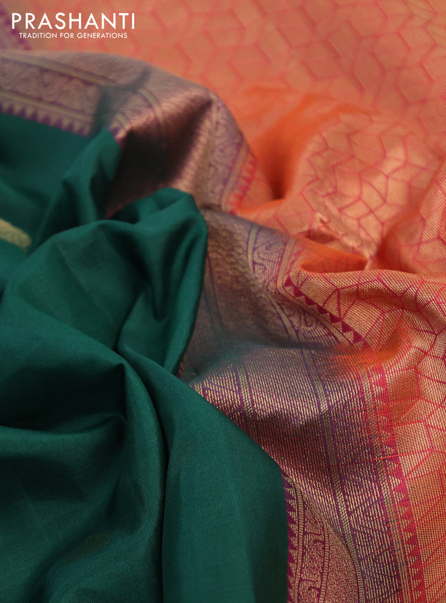 Pure soft silk saree dark green and pinkish orange with zari woven buttas and zari woven checked border