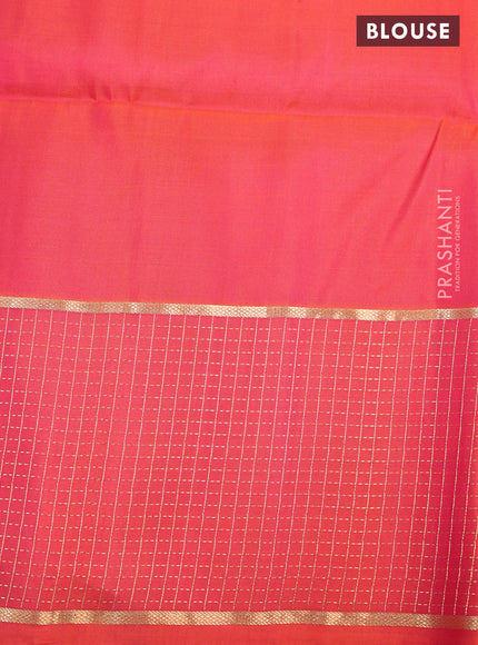 Pure soft silk saree dark green and pinkish orange with zari woven buttas and zari woven checked border