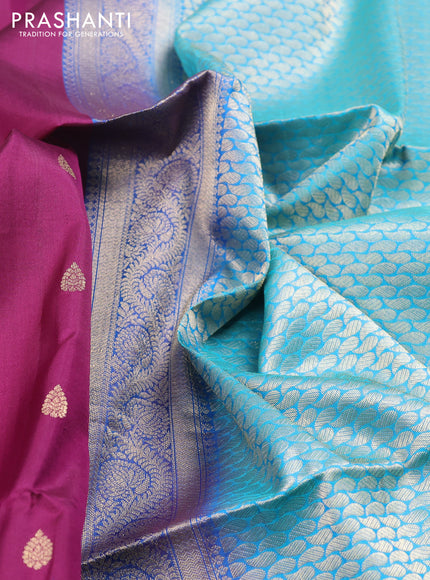 Pure soft silk saree purple and teal blue with allover zari woven buttas and zari woven checked border