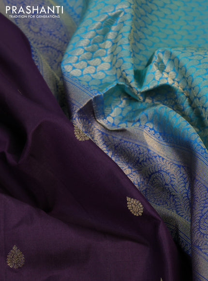 Pure soft silk saree deep purple and teal blue with allover zari woven buttas and zari woven checked border
