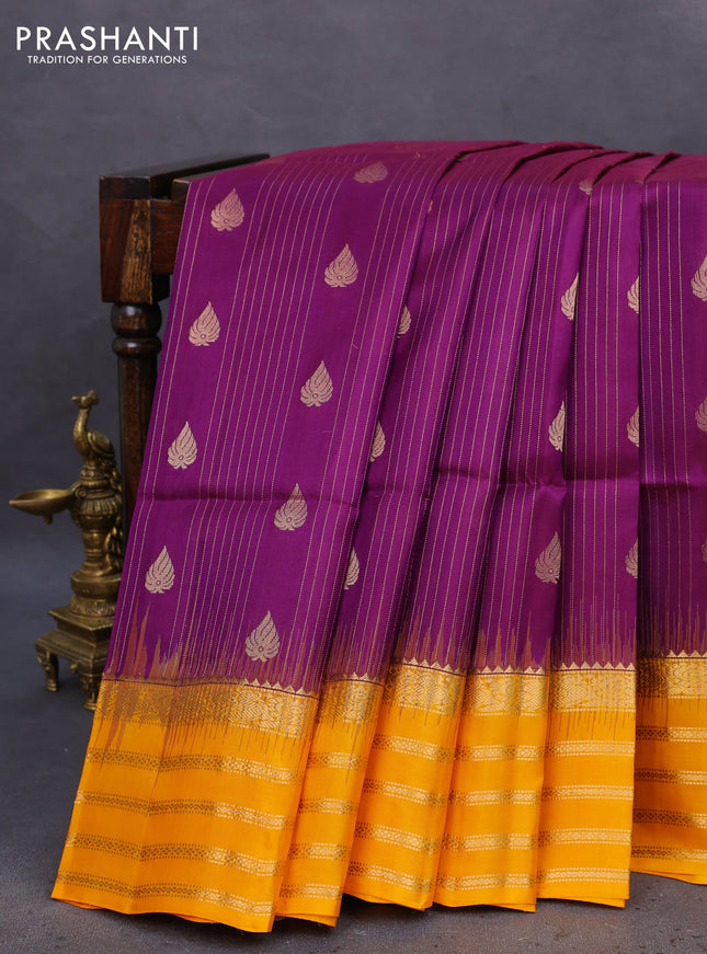 Pure soft silk saree purple and mango yellow with allover zari weaves & buttas and zari woven border