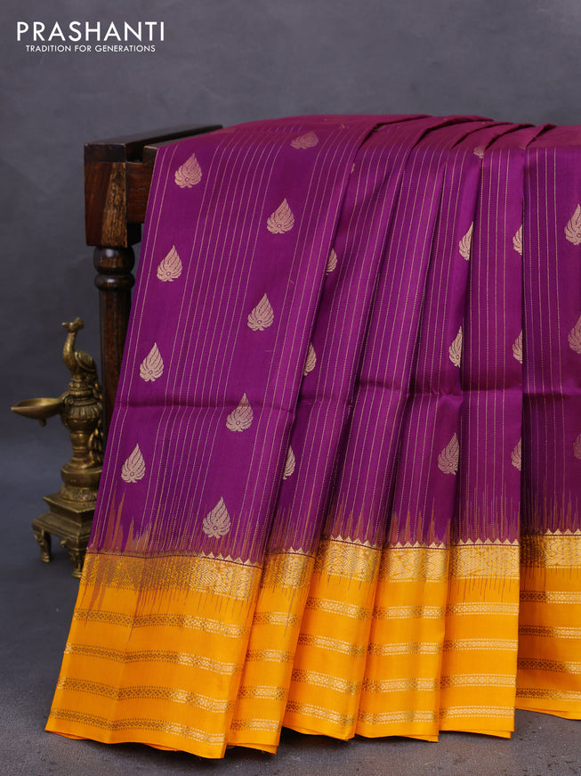 Pure soft silk saree purple and mango yellow with allover zari weaves & buttas and zari woven border