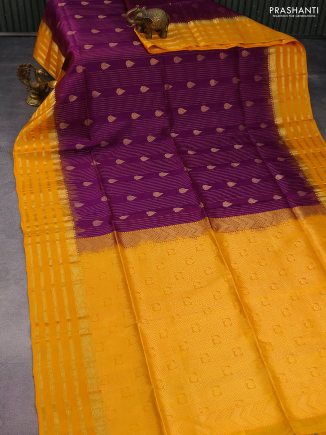 Pure soft silk saree purple and mango yellow with allover zari weaves & buttas and zari woven border