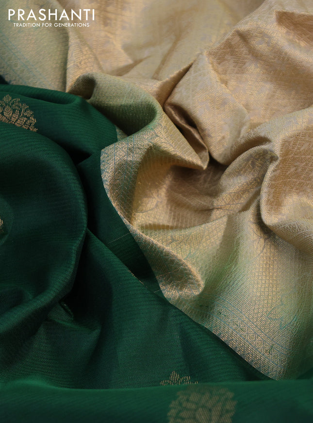 Pure soft silk saree green and beige with allover zari woven buttas and zari woven checked border