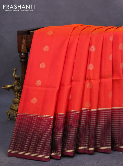 Pure soft silk saree dual shade of pinkish orange and wine shade with zari woven buttas and zari woven checked border