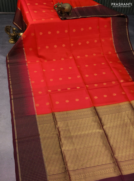 Pure soft silk saree dual shade of pinkish orange and wine shade with zari woven buttas and zari woven checked border