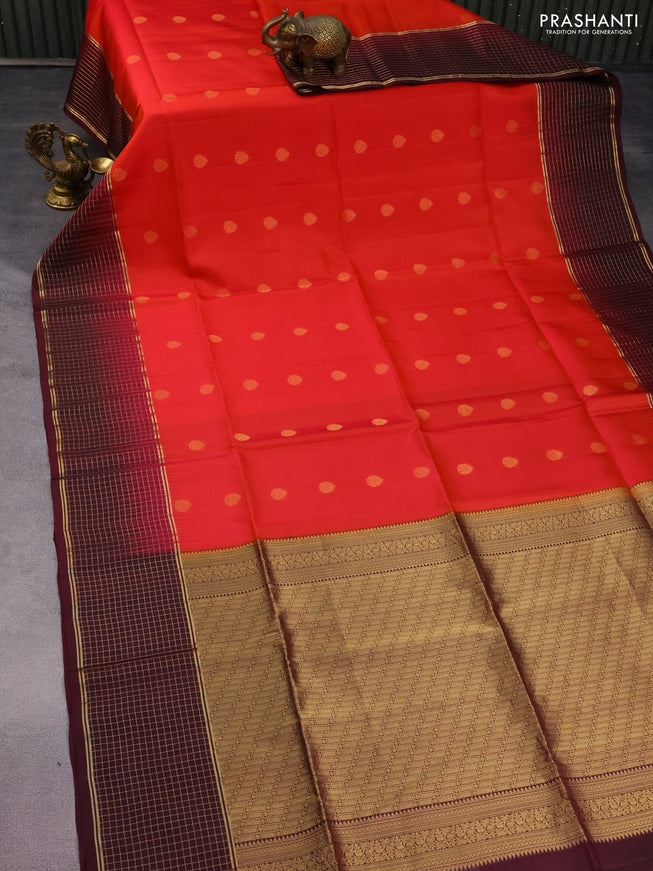 Pure soft silk saree dual shade of pinkish orange and wine shade with zari woven buttas and zari woven checked border