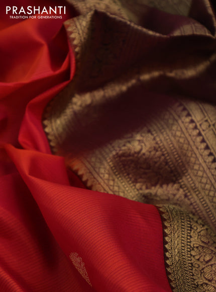 Pure soft silk saree dual shade of pinkish orange and wine shade with zari woven buttas and zari woven checked border