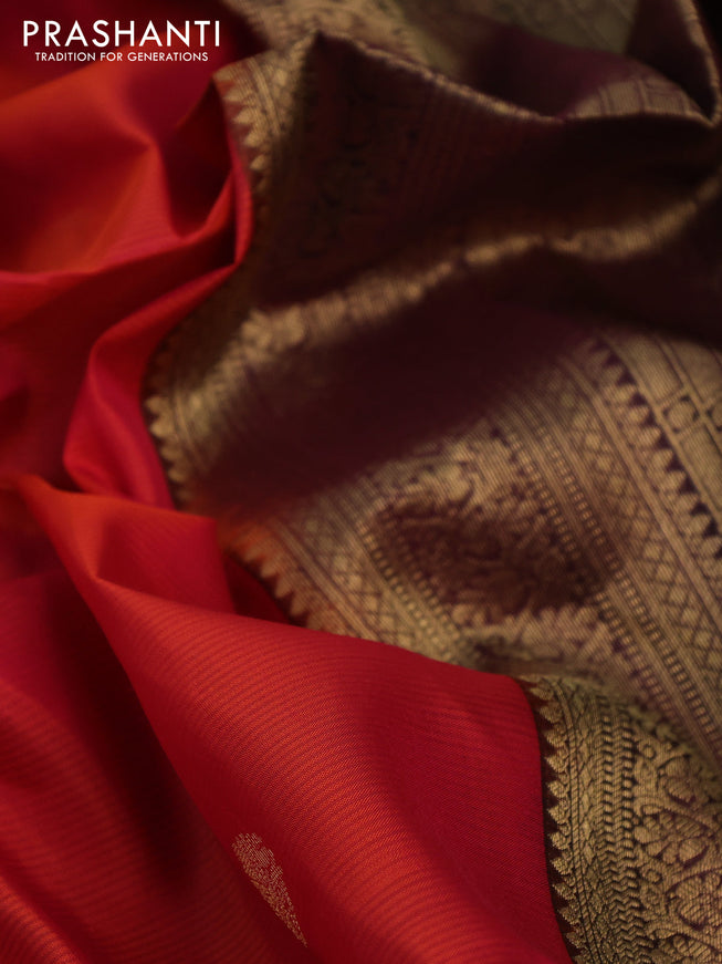 Pure soft silk saree dual shade of pinkish orange and wine shade with zari woven buttas and zari woven checked border