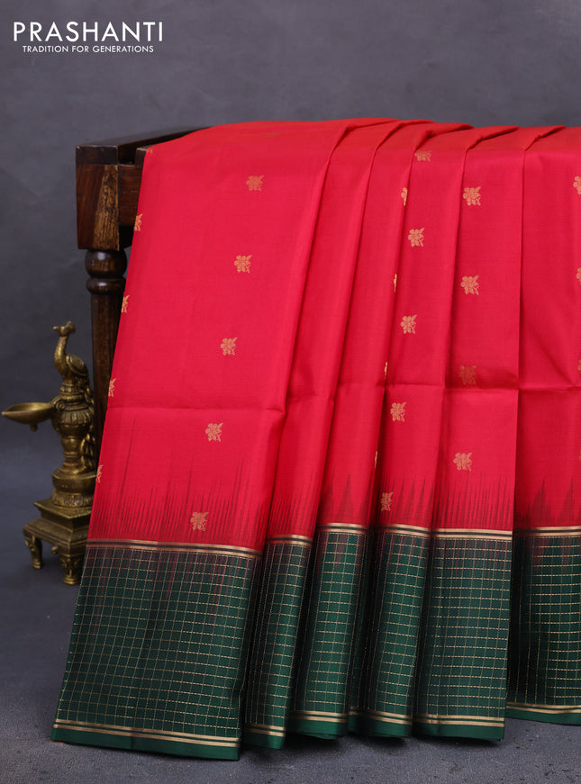 Pure soft silk saree dark pink and dark green with zari woven buttas and zari woven checked border