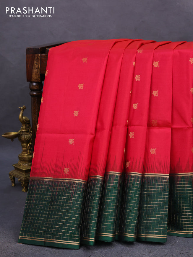 Pure soft silk saree dark pink and dark green with zari woven buttas and zari woven checked border